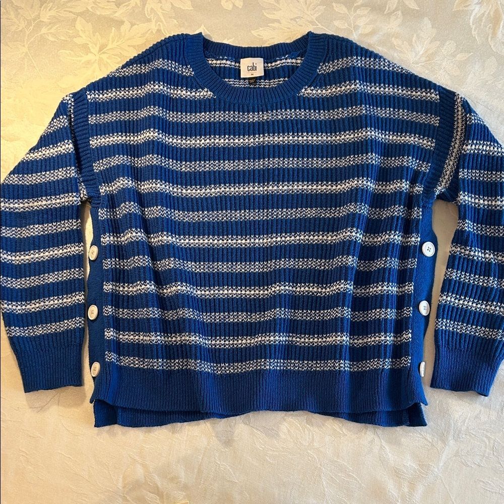 CAbi Blue and White Striped boxy Women's Sweater. M